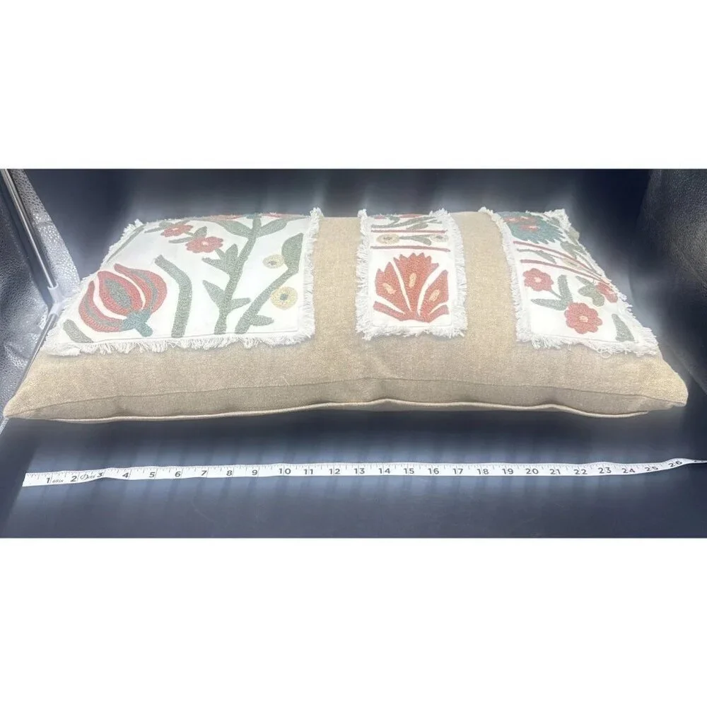 Shabby Chic Brand Tan w/ Colorful Embroidered Flowers Rectangular Pillow 25 X 16